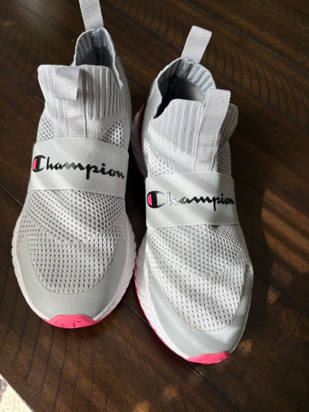 Champion woman’s Slip-On Knit Sneakers in Light Gray with Pink Accents
